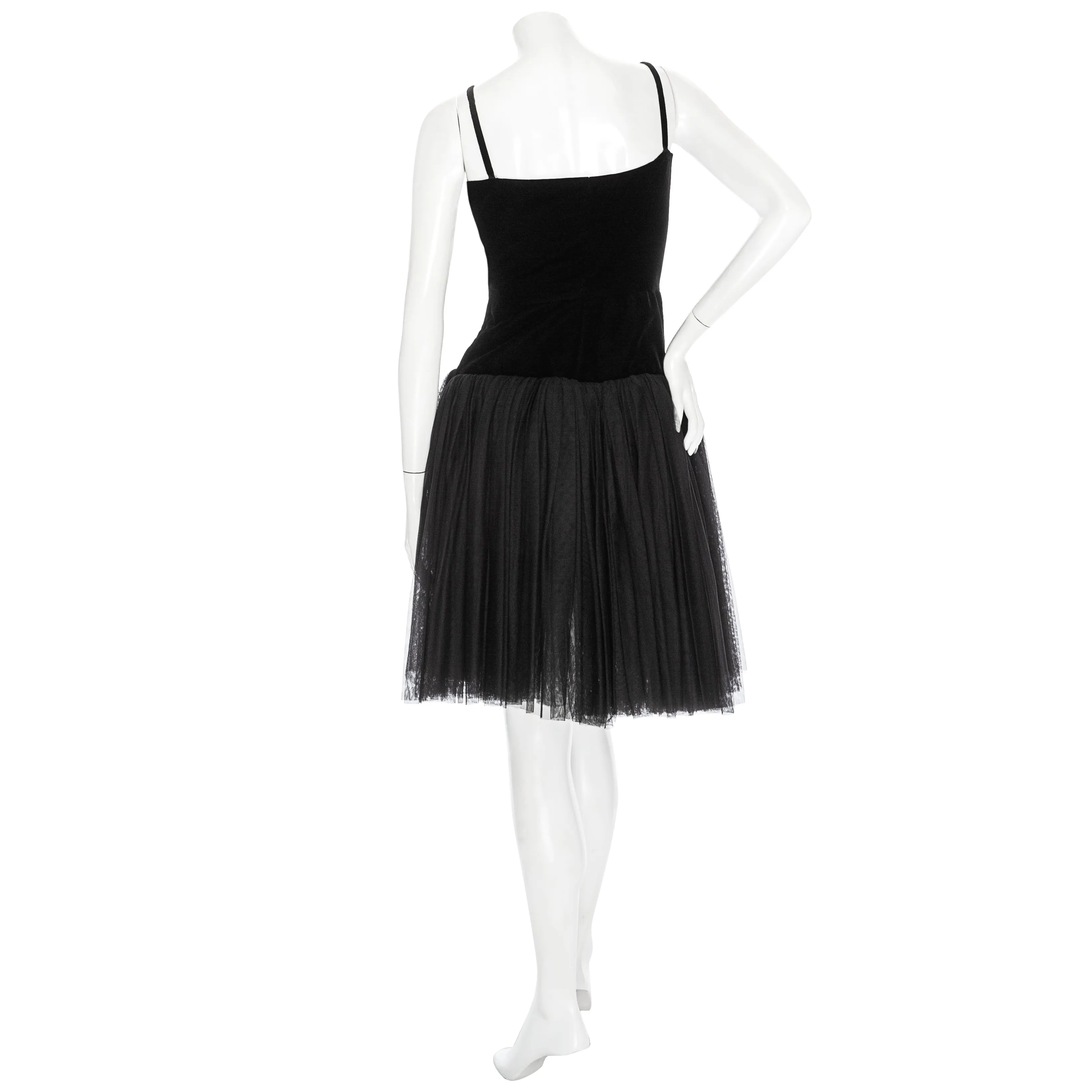 1980s Haute Couture Black Velvet Tulle Spaghetti Strap Dress