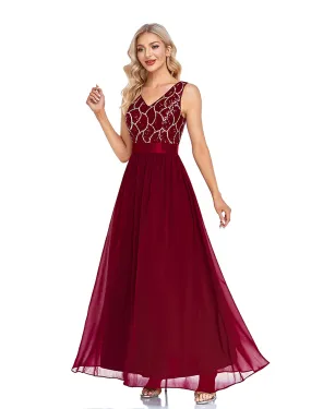 A-Line Evening Gown Sparkle & Shine Dress Wedding Guest Prom Floor Length Sleeveless V Neck Bridesmaid Dress Chiffon V Back with Sequin Splicing