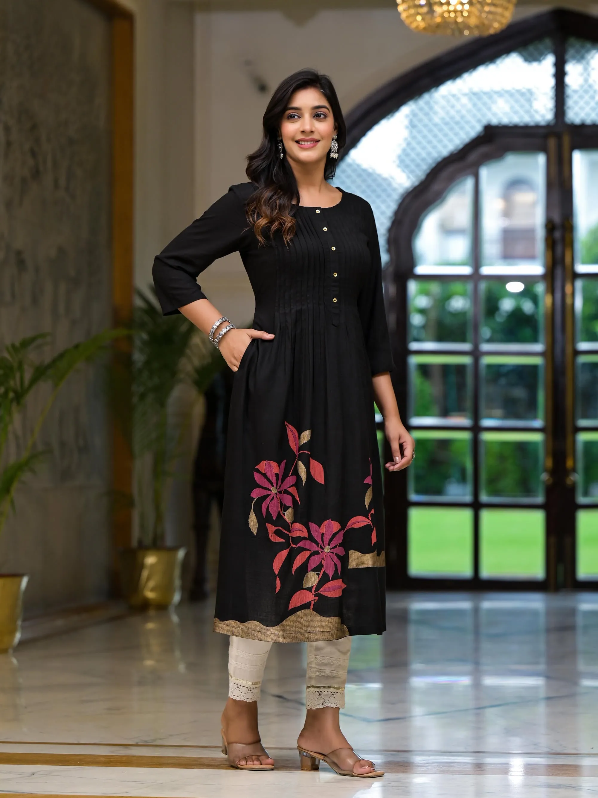 Black Floral Printed Rayon Kurta With Button Closure