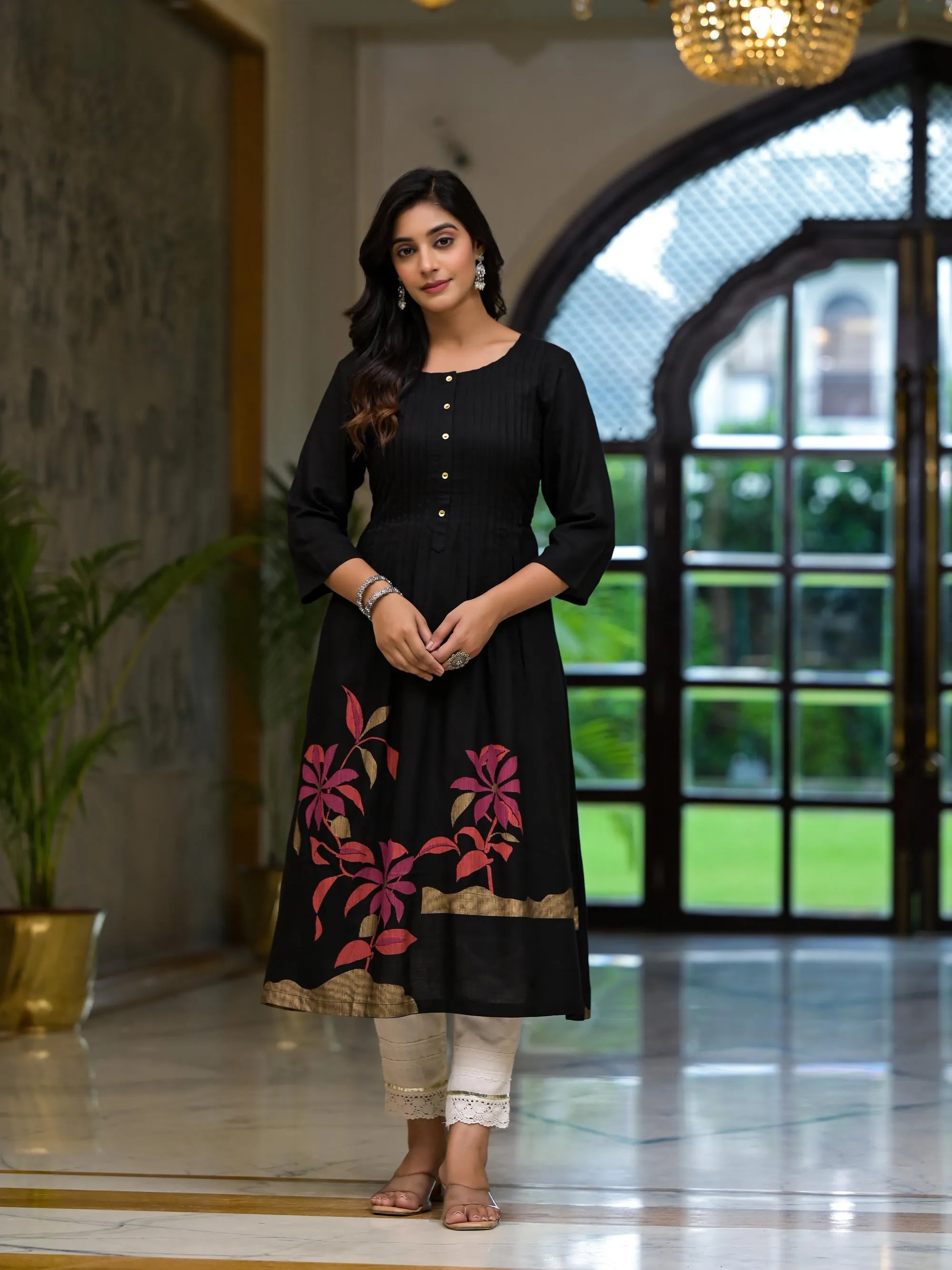 Black Floral Printed Rayon Kurta With Button Closure