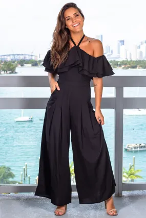 Black Off Shoulder Jumpsuit with Ruffle Detail