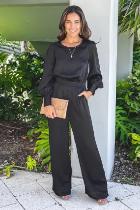 Black Satin Jumpsuit With Puff Sleeves