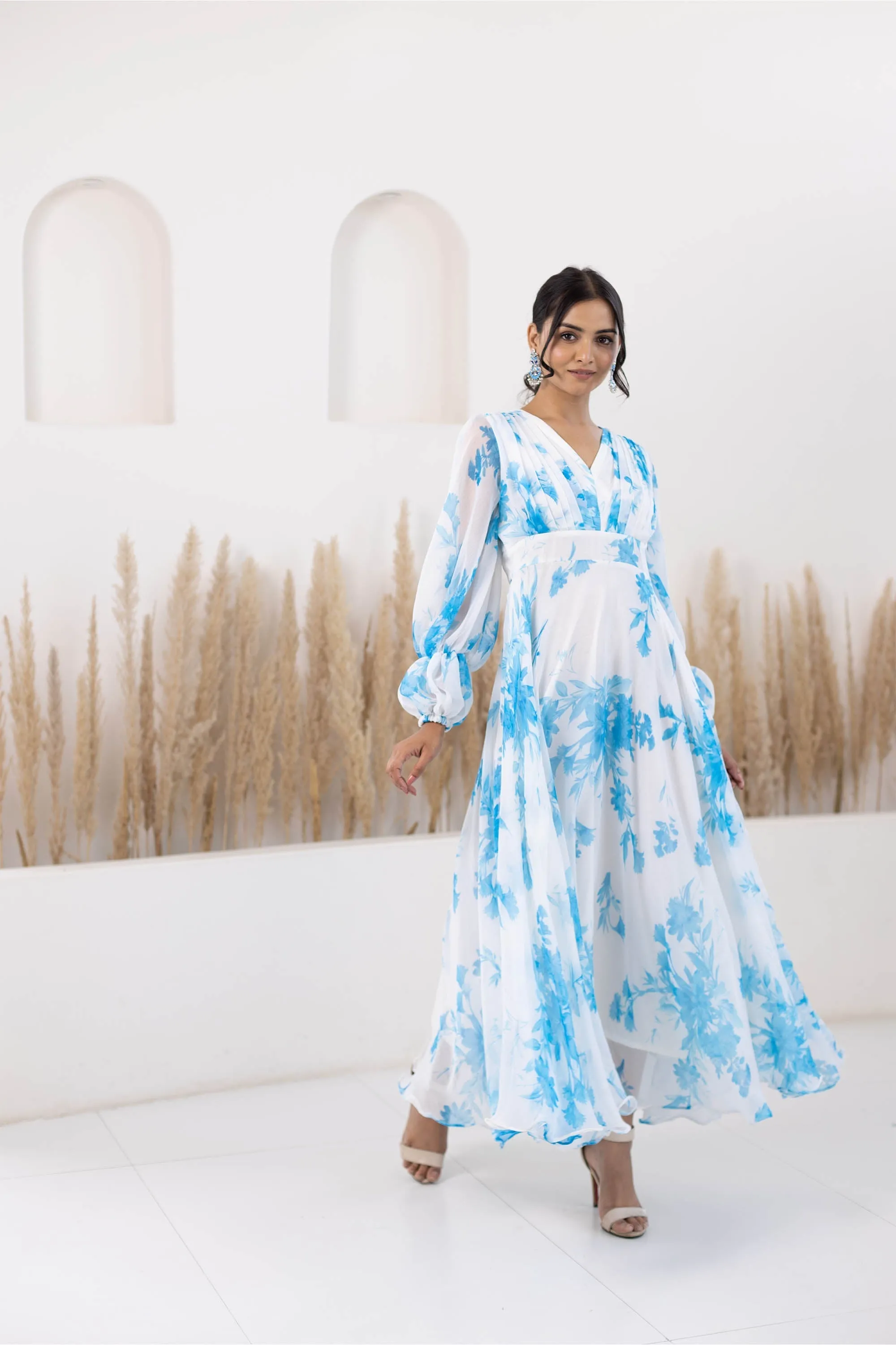 Blue & White Printed Gown Dress For Women By Saras The Label- (1Pc Dress)