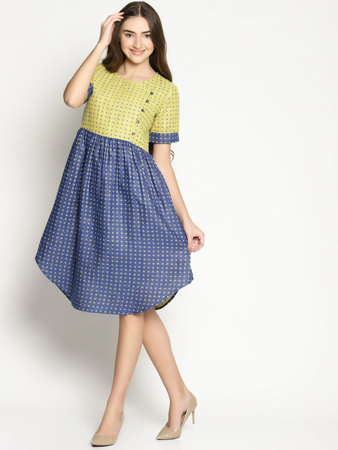 Blue Dobby Shift Dress With Curved Hem