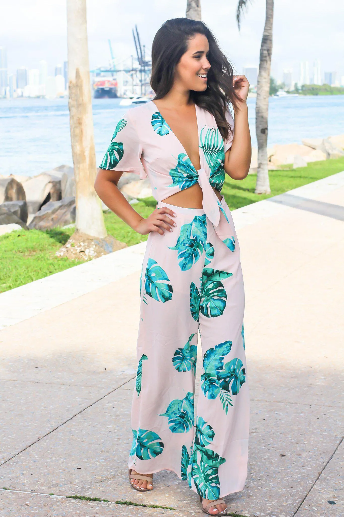 Blush Tropical Jumpsuit with Front Tie