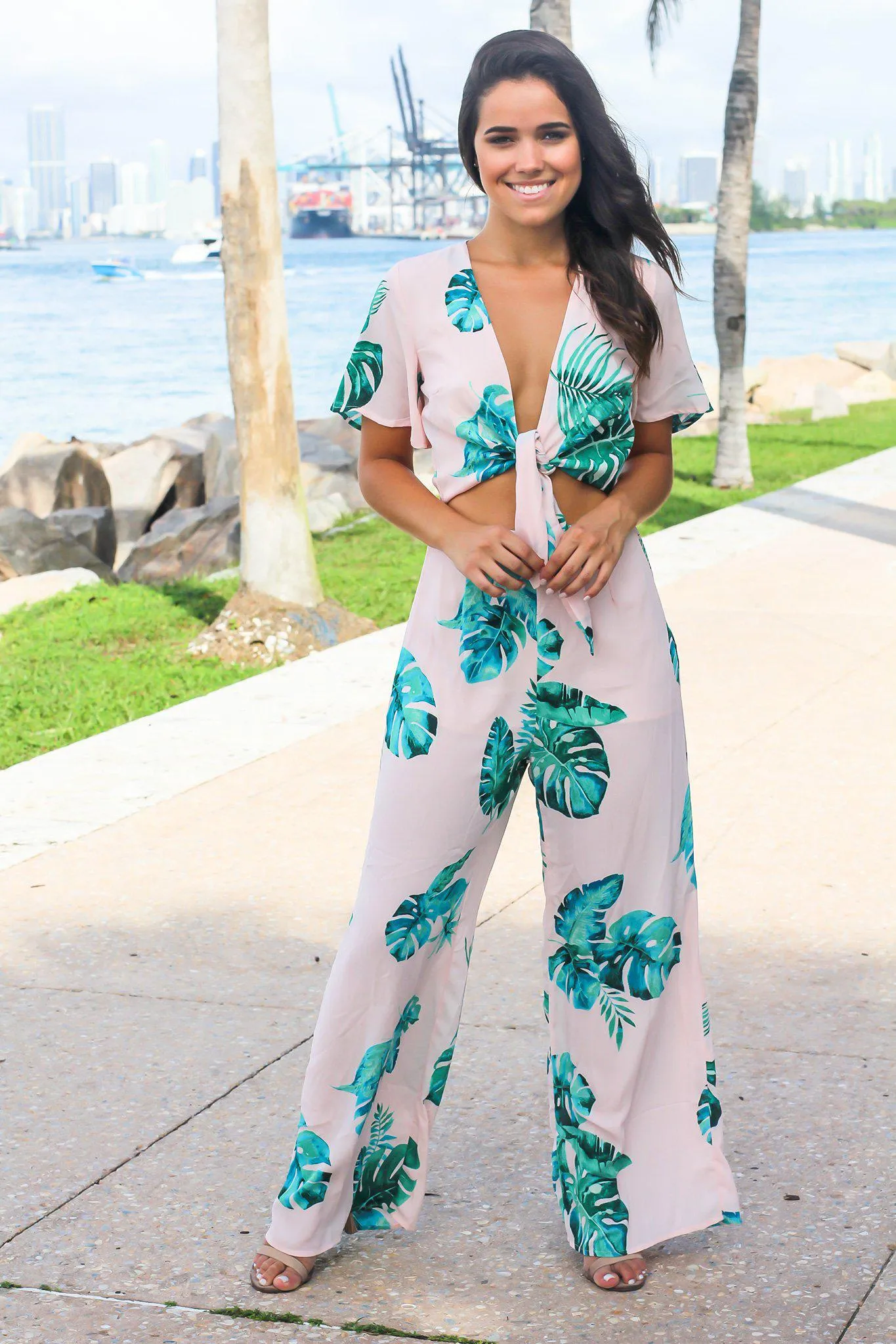 Blush Tropical Jumpsuit with Front Tie