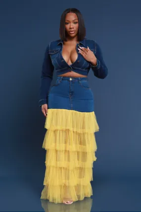 Deny Me This Ruffled Denim Maxi Skirt - Dark Wash/Yellow