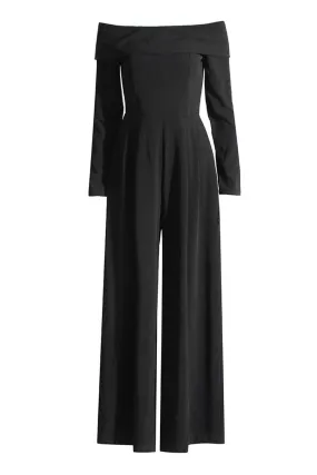 Elegant Folded Off Shoulder Long Sleeve Bow Tie Back Wide Leg Jumpsuit