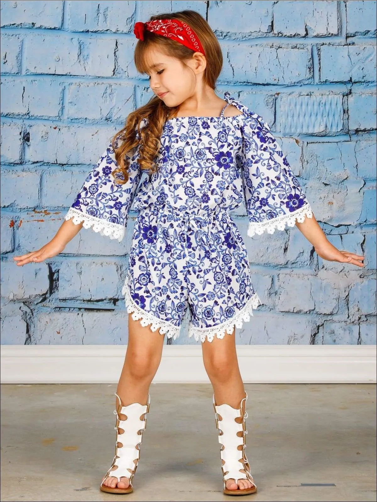 Girls 3/4 Sleeve Trimmed Off the Shoulder Elastic Waist Romper