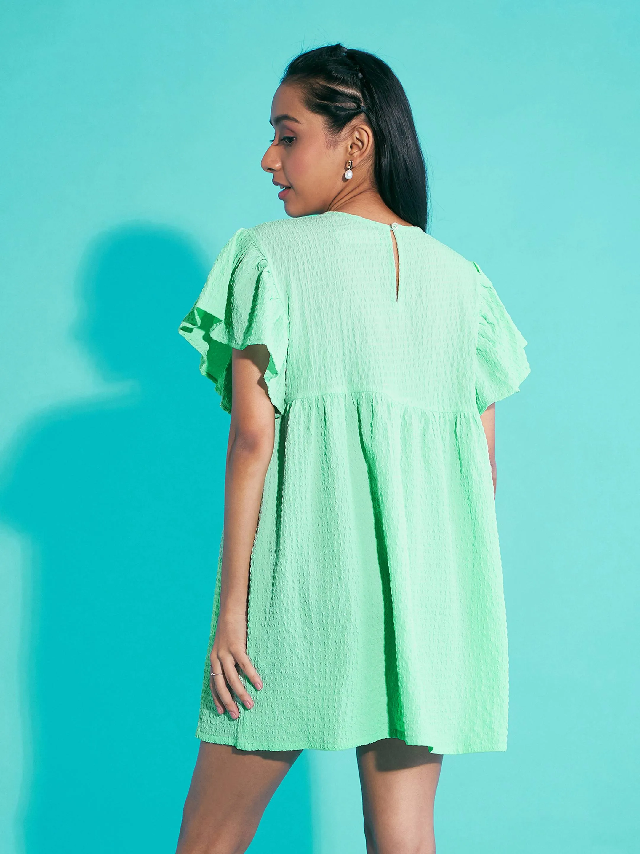 Girls Green Seer Sucker Boxy Dress