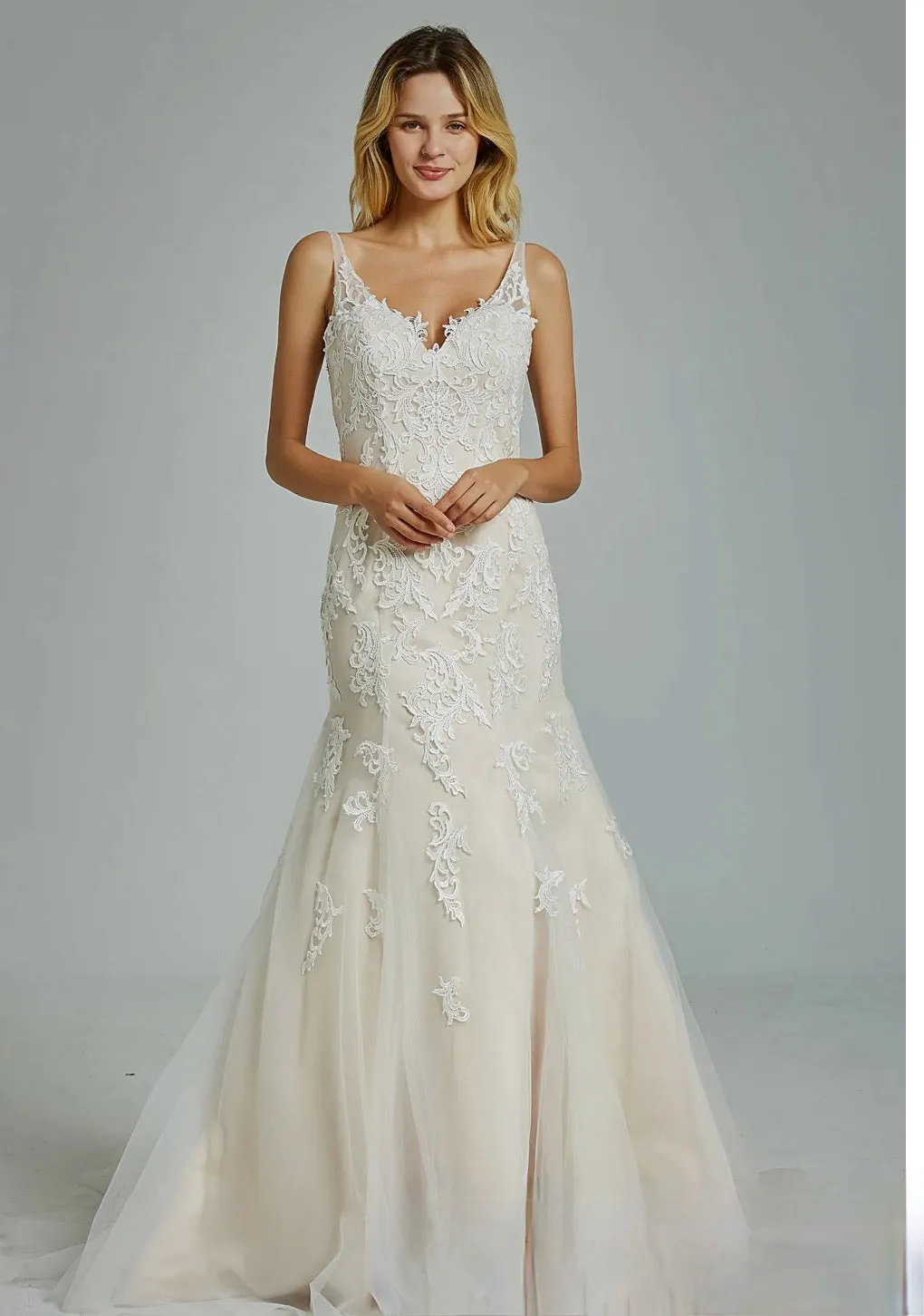 Gorgeous Appliques V Neck Fit & Flare Wedding Gown