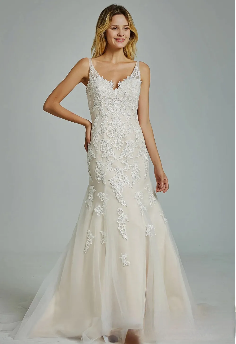 Gorgeous Appliques V Neck Fit & Flare Wedding Gown