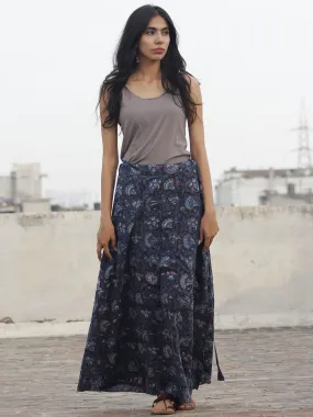 Hand Block Printed Wrap Around Skirt In Indigo Maroon Ivory - S40F001