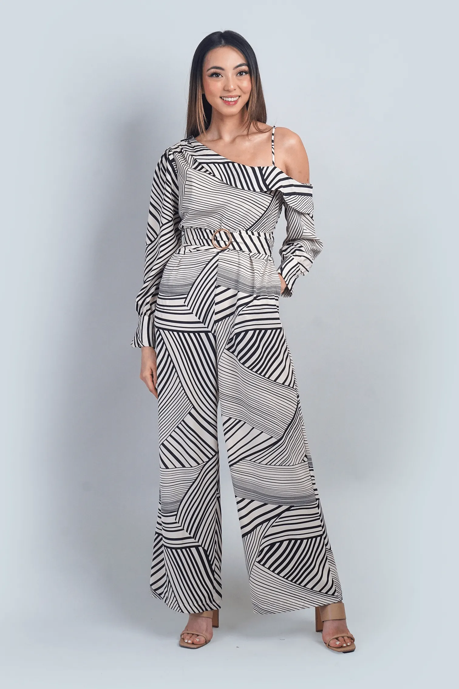 Ivory and Black Abstract Print Asymmetrical Shoulder Jumpsuit