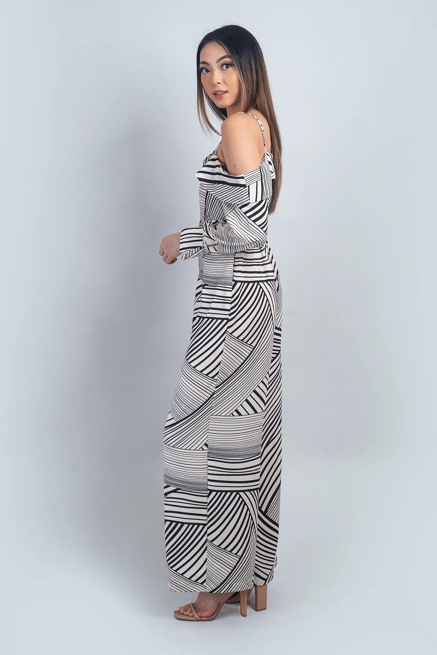 Ivory and Black Abstract Print Asymmetrical Shoulder Jumpsuit