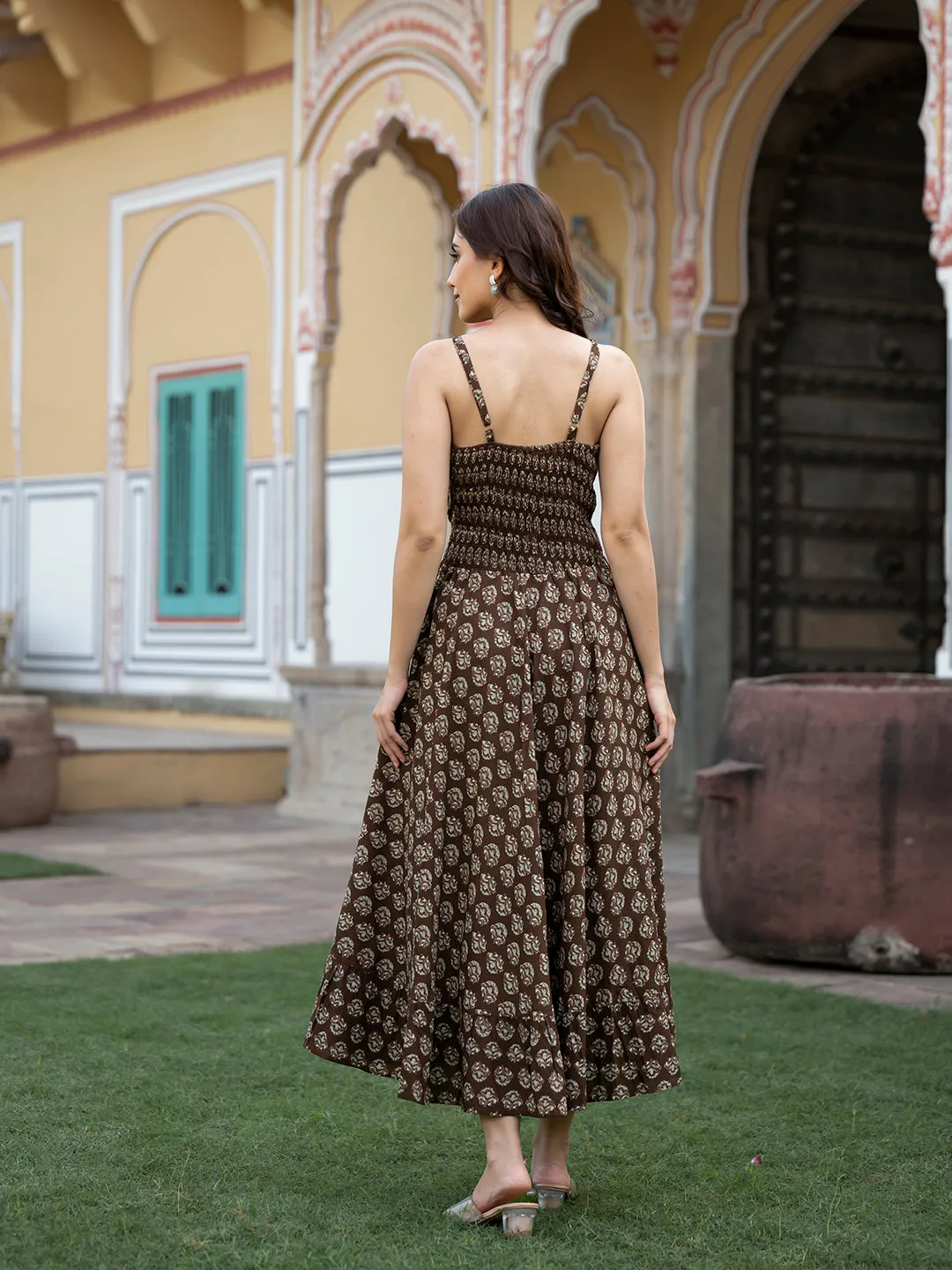 Jashvi Brown Floral Print Pure Cotton Fit & Flare Dress