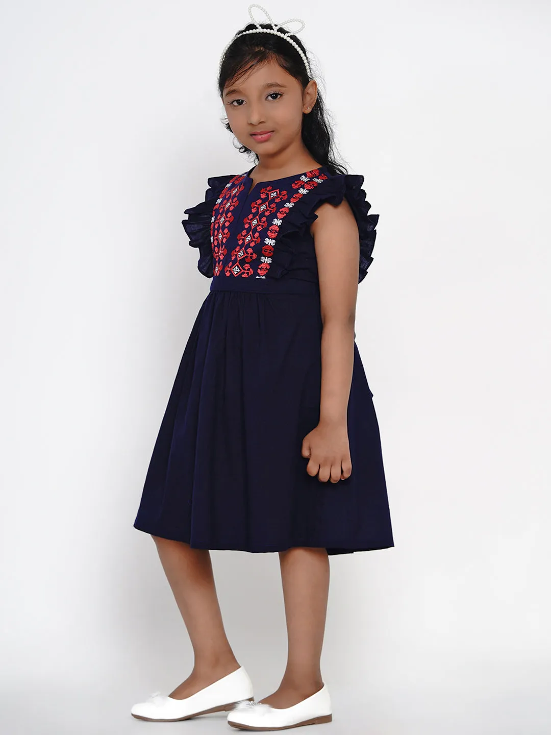 Jashvi Girls Navy Blue Embroidered Fit And Flare Dress