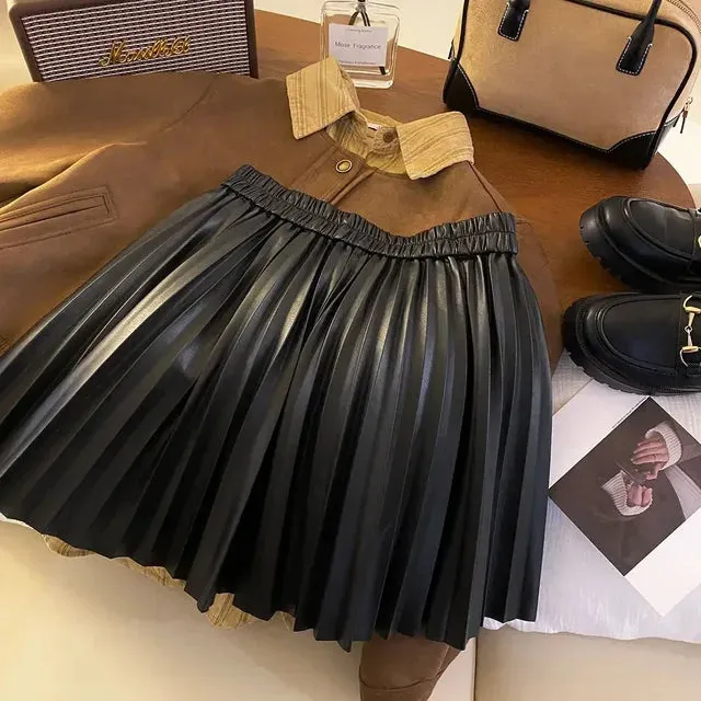 Pre Order:  Chic Solid Pleated Leather Mini Skirt