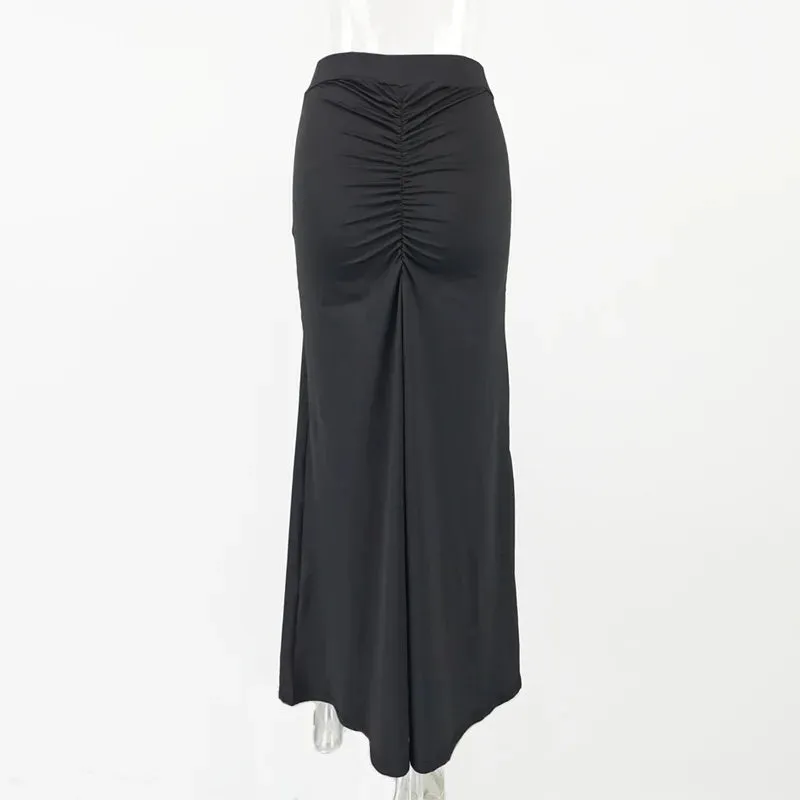 Sexy Peach Wrap Hip Pleated Skirts Summer Korean Style Slim Black Gray Long Skirts for Women Elegant Streetwear