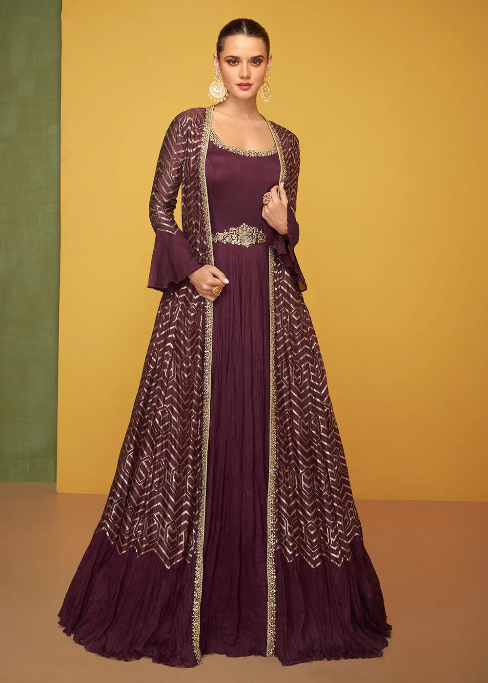 Tempting Wine Chinon Fabric Jacket Style Designer Anarkali Gown