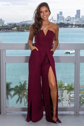 Wine Strapless Jumpsuit with Slits